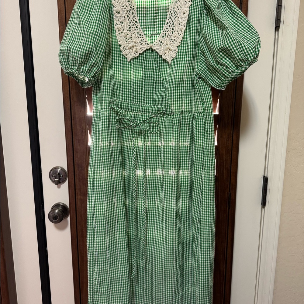 Green Gingham Dress with Lace Collar